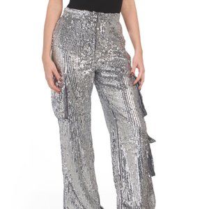 NWT MOON RIVER Grey Sequin Sparkle Cargo Wide Leg Pants